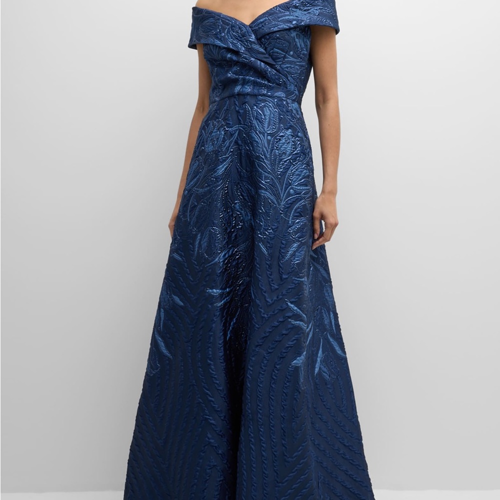 Rickie Freeman for Teri Jon— Jaquard Blue Off-Shoulder Evening Gown